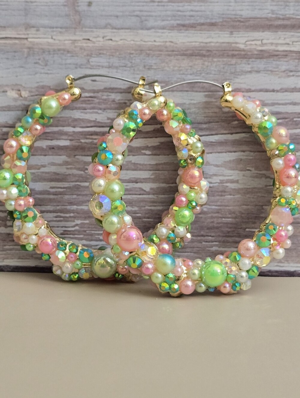Gold Hoop Earrings with Pastel Pearls and Iridescent Accents